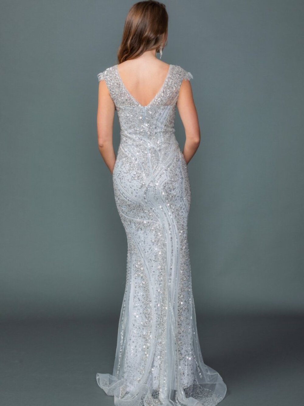 NEW SILVER Sequin & Mesh V-Neck Prom Gown Floor Length Embellished 4613